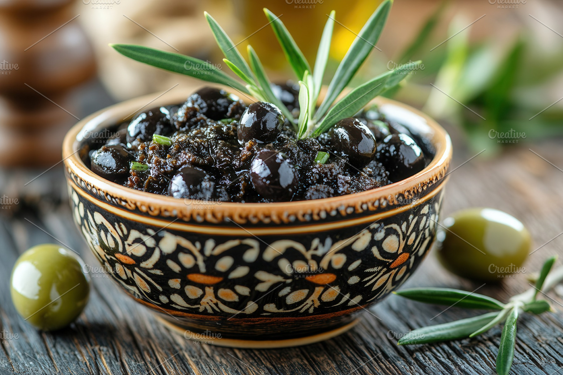 Tapenade with olives and branch, a Photo by Pavel_design