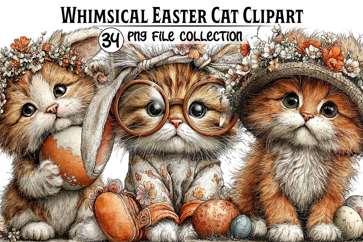 Whimsical Easter Cats Clipart Bundle, an Illustration by Dream Creation (Photo 1 of 6)