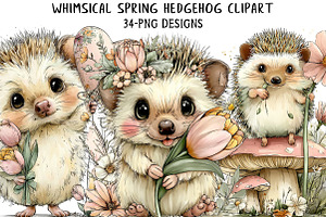 Whimsical Spring Hedgehog Clipart, an Illustration by Daily.Designs