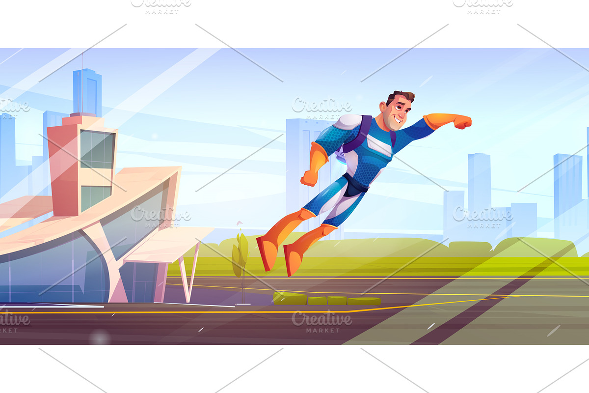 Superhero man flies with jetpack, a Technology Illustration by art PVP - market