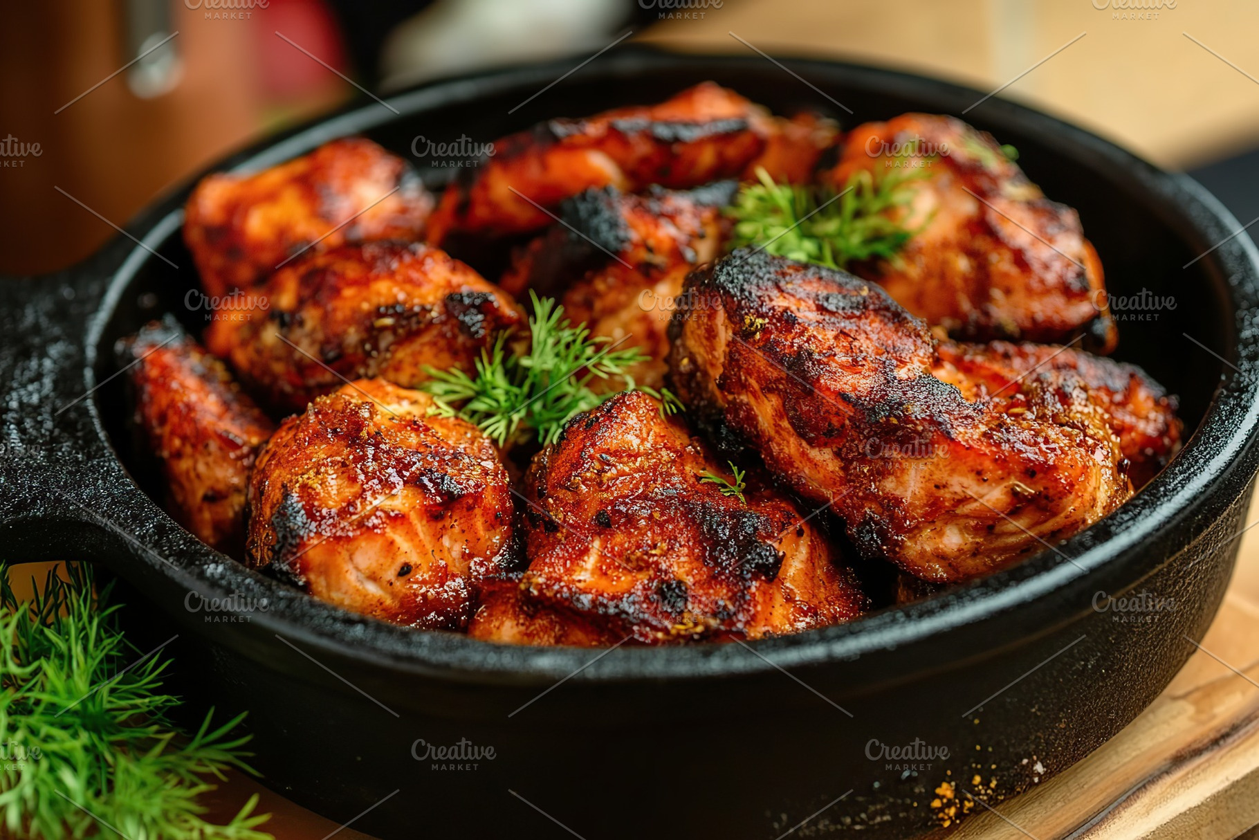 Tasty grilled salmon with spices on plate, a Food & Drink Photo by AlyaAnd