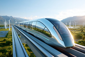 High-speed train traveling through a scenic landscape with wind turbines and mo, a Photo by AlyaAnd