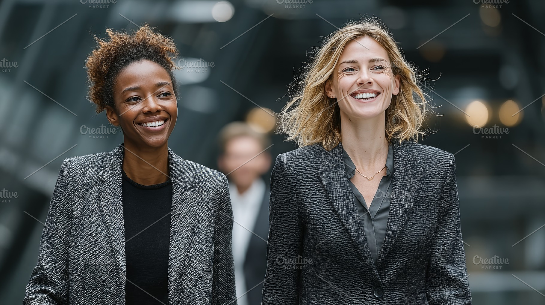 Two professional women smiling confidently in a modern business environment., a Person Photo by AS photostudio