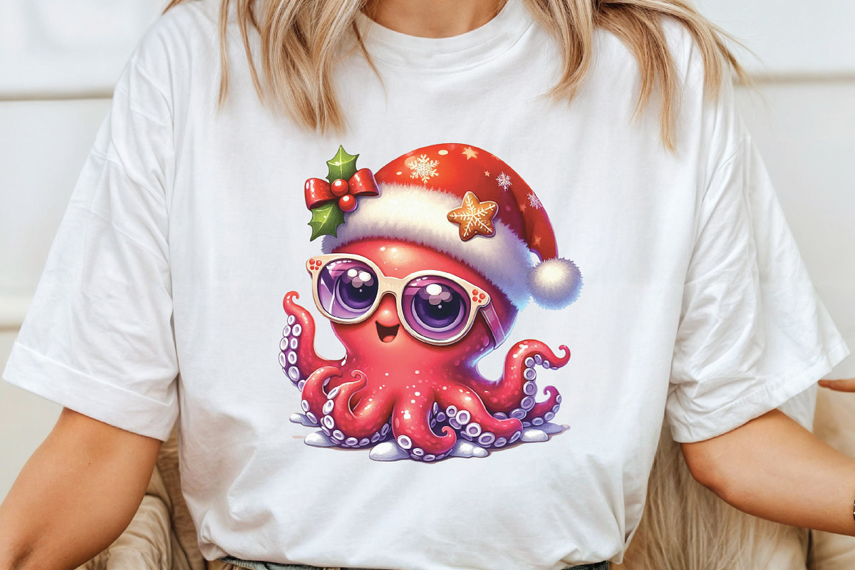 Watercolor Christmas Octopus Clipart, a Work Illustration by CraftArtStudio (Photo 4 of 6)