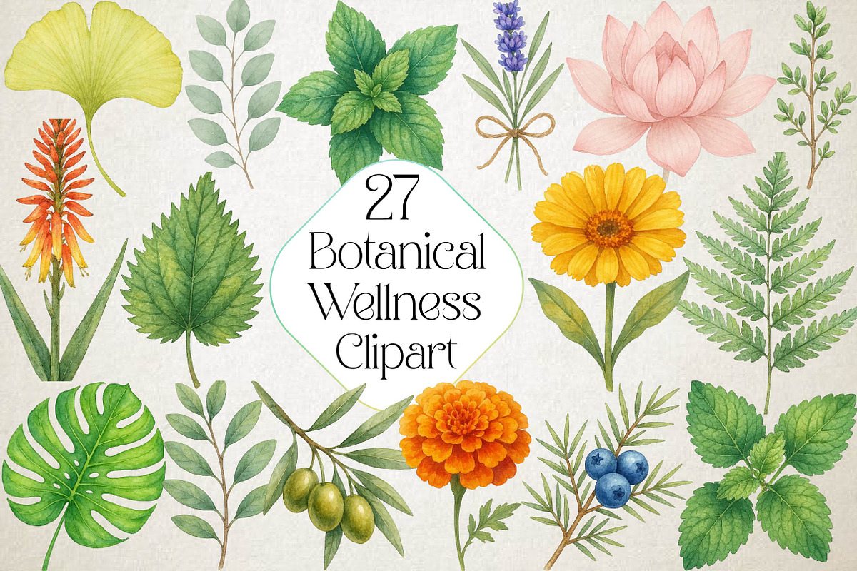 Botanical Wellness Watercolor Clipar, an Illustration by DreamPrint404 (Photo 1 of 3)