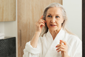 Woman with grey hair in bathroom, a Beauty & Fashion Photo by Artem Varnitsin