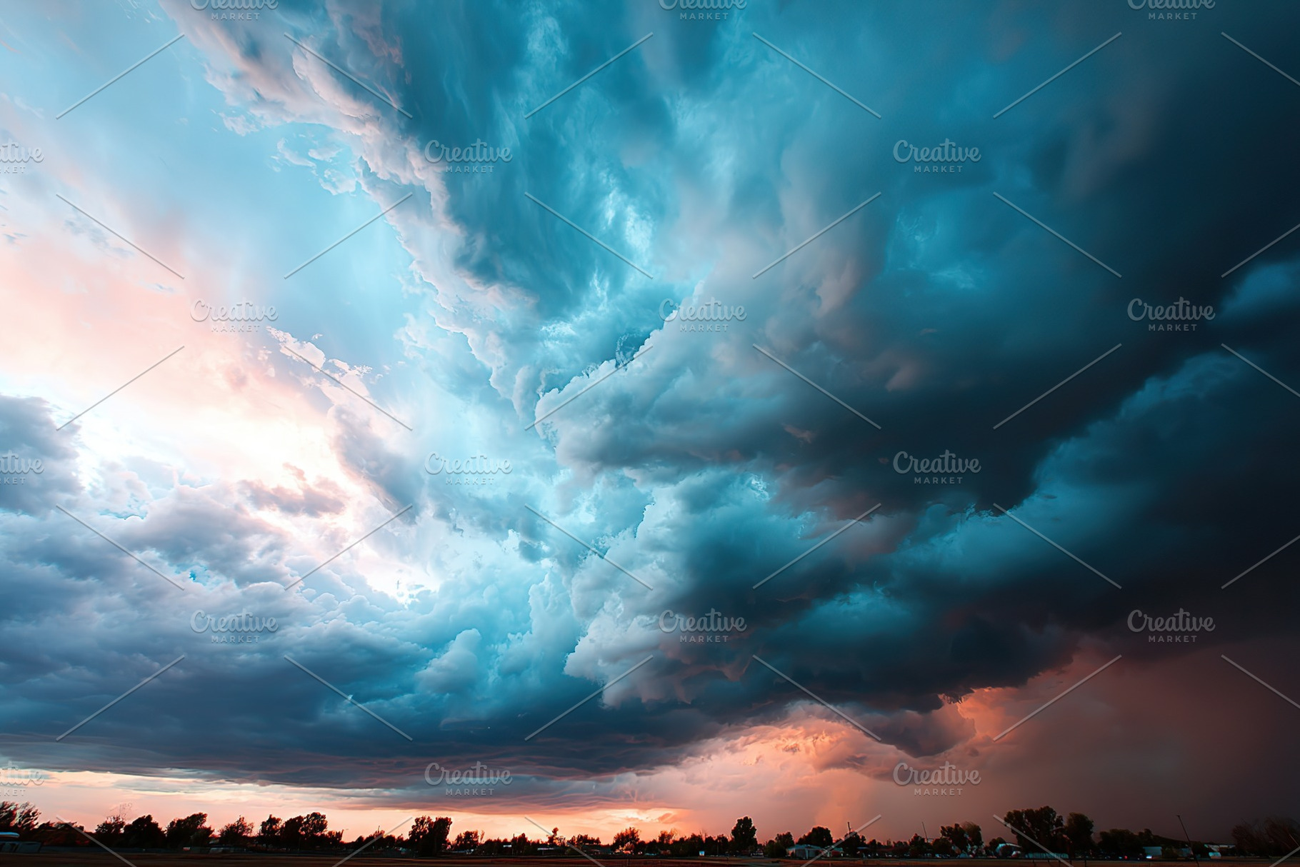 Dramatic storm clouds gather over a tranquil landscape at dusk under vibrant co, a Nature Photo by AlyaAnd