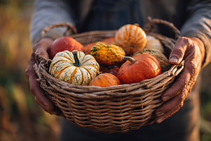 Hands hold a basket filled with colorful pumpkins in a sunlit autumn field, a Food & Drink Photo by AlyaAnd