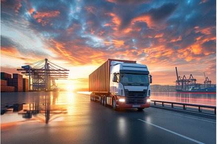 Truck takes container out of port, a Transportation Photo by Ungvar Studio