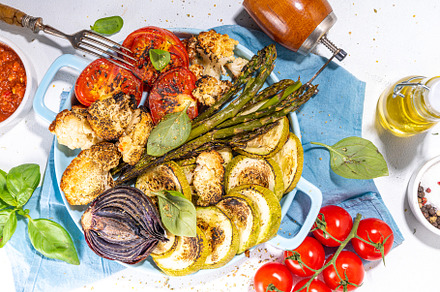 Healthy grilled bbq vegetables on pan, a Food & Drink Photo by Rimma