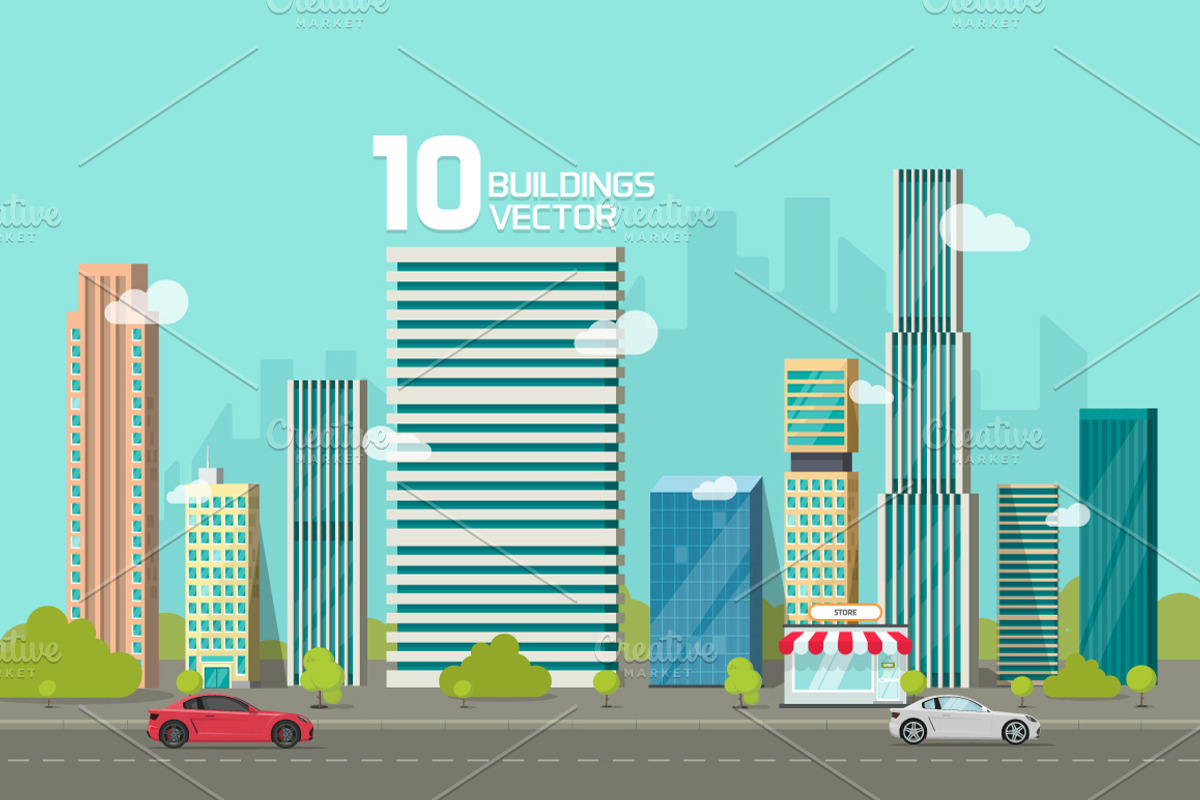 City Buildings Landscape Vector Set, an Illustration by vladwel (Photo 2 of 6)