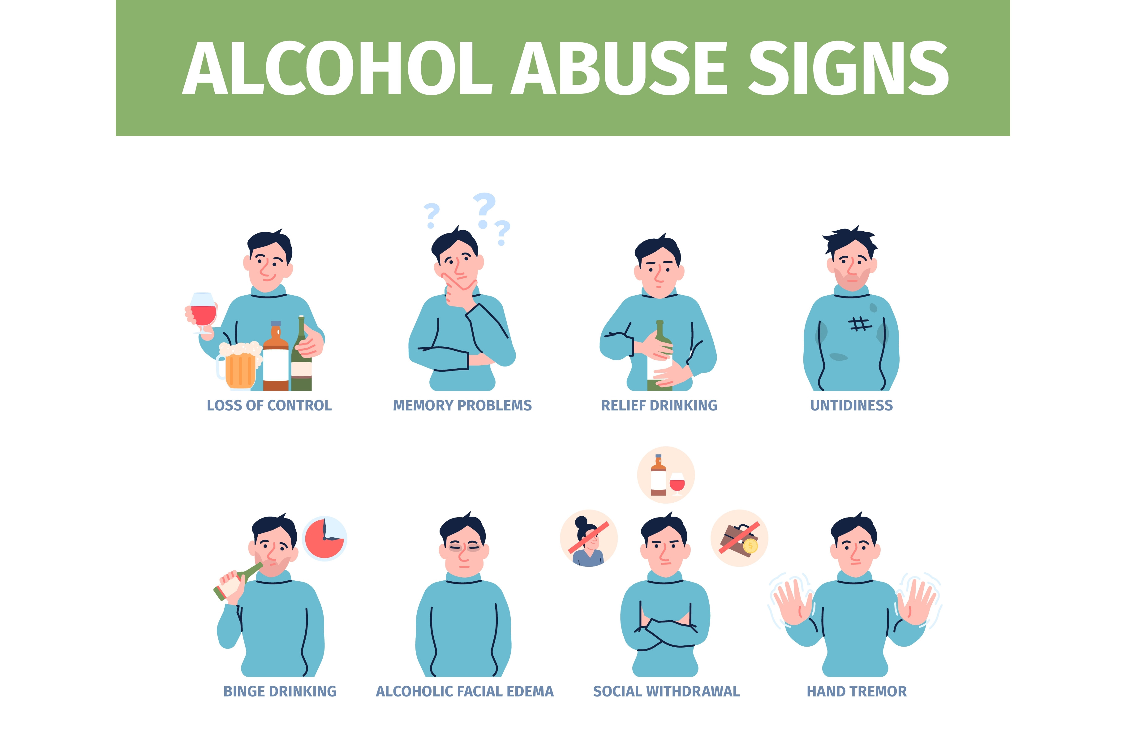 Alcohol abuse signs. Alcoholism, a Person Illustration by LadadikArt
