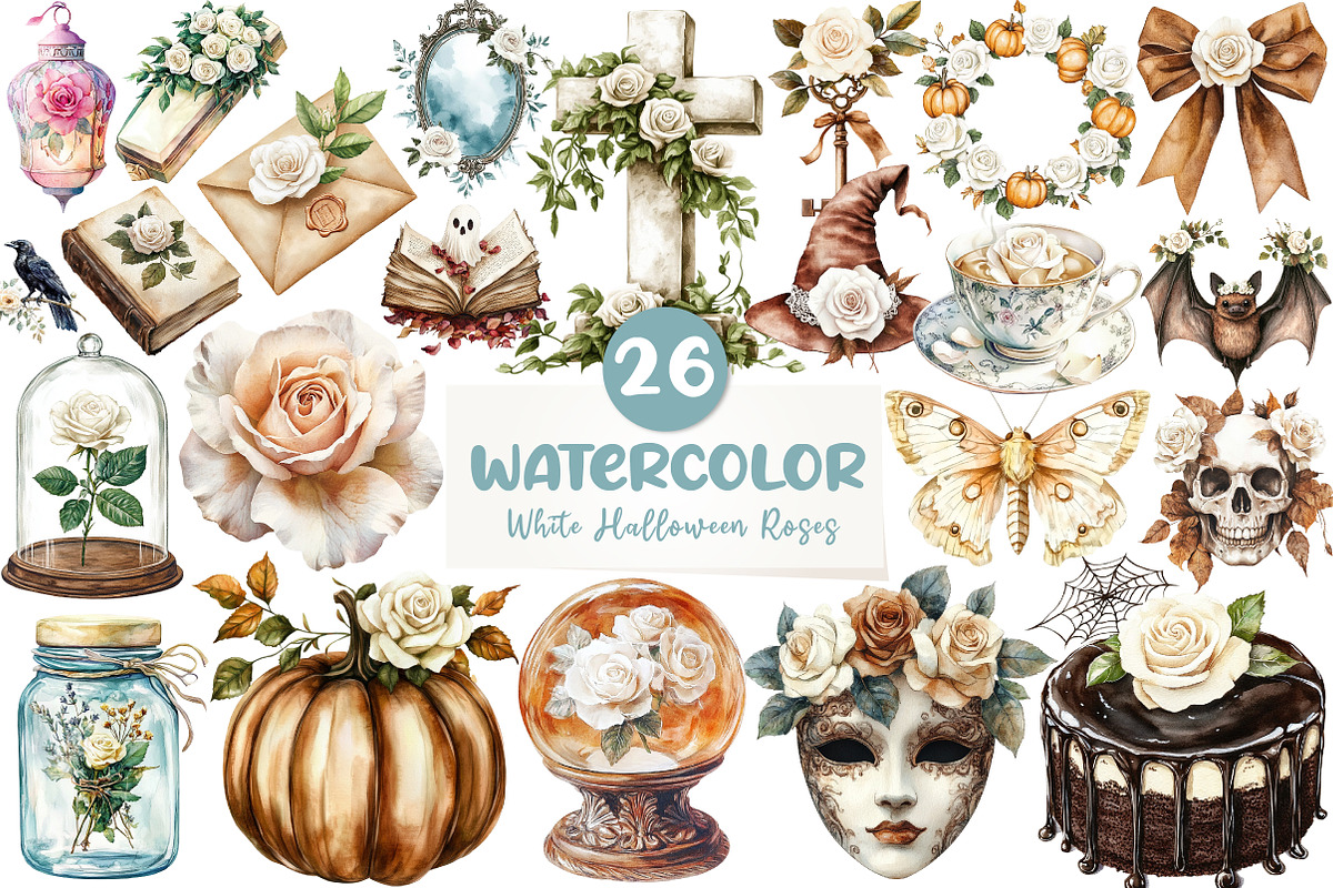 Brown Halloween & White Roses Clipar, an Illustration by CreationArt (Photo 1 of 5)
