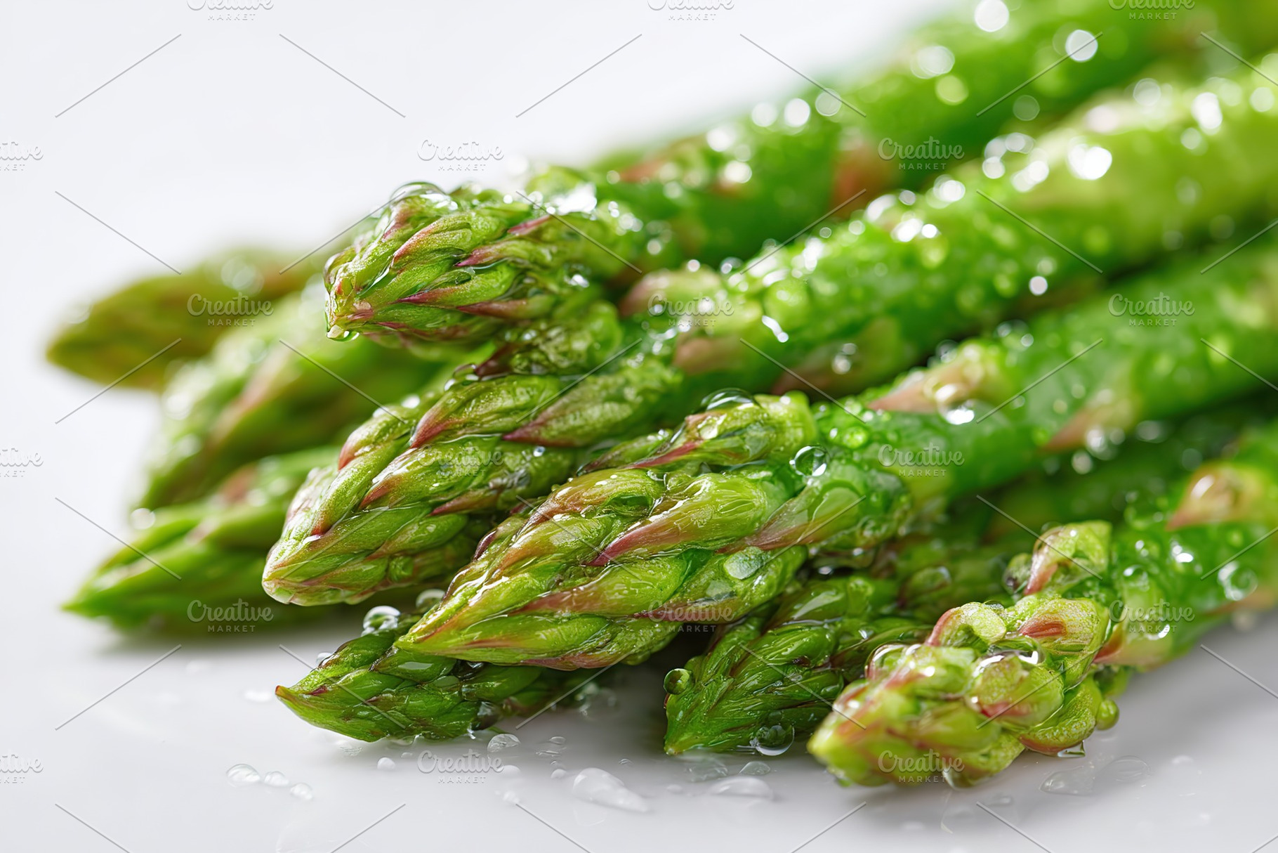 Fresh green asparagus tips glistening with moisture ready for culinary use in s, a Food & Drink Photo by AlyaAnd