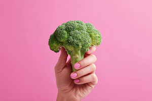Hand holding broccoli floret on pink background, a Food & Drink Photo by AlyaAnd