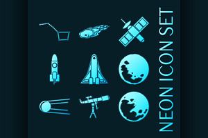 Set Of Space Blue Glowing Neon Icon