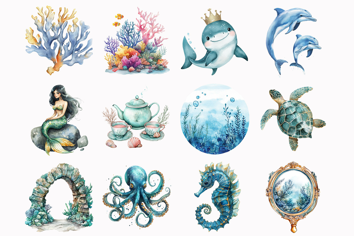 Watercolor Mermaid World Clipart, an Illustration by Design Market (Photo 3 of 3)