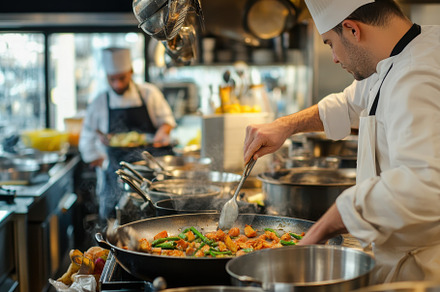 Chef cooking in a busy kitchen, a Photo by Pavel_design