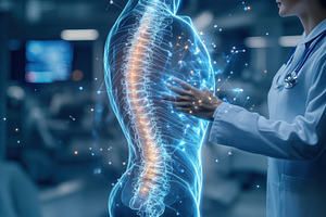 Doctor examining glowing human spine, a Health & Medical Photo by Pixeness Studio