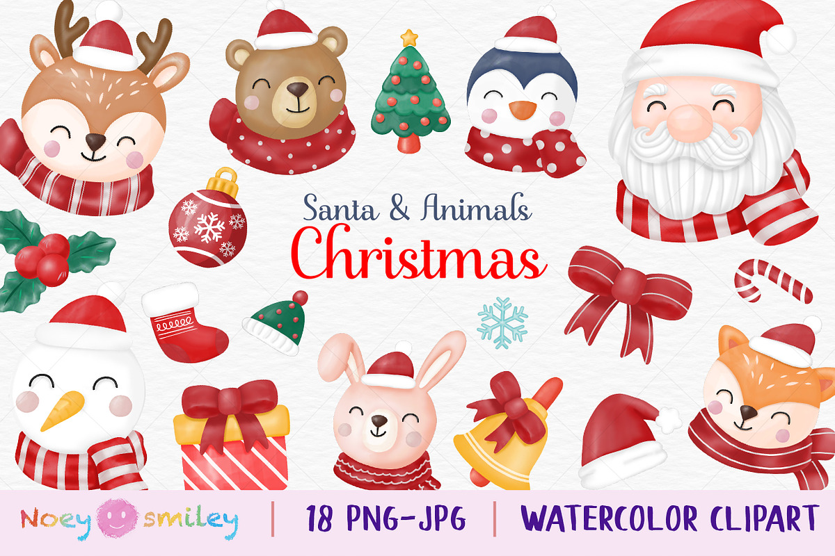 Watercolor Santa & Animals Clipart, an Animal Illustration by Noey smiley (Photo 1 of 6)