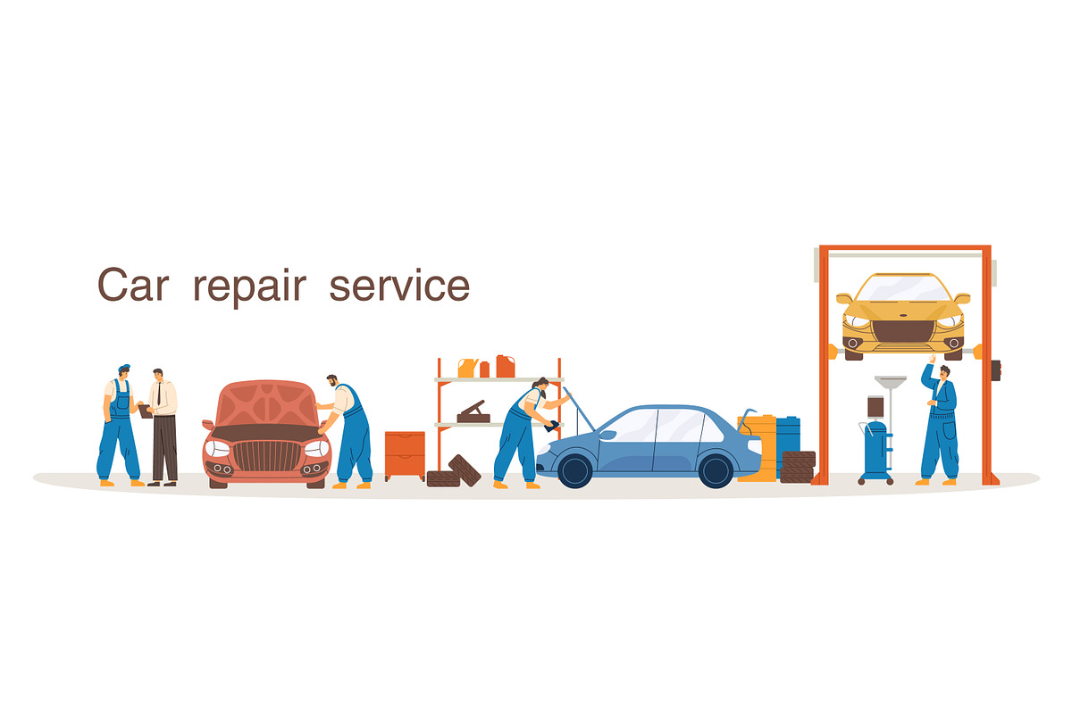 Mechanics work in car repair service, a Person Illustration by Good Studio (Photo 1 of 4)