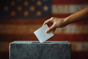 Hand putting vote into ballot box, against the background of the American flag, a Photo by AlyaAnd