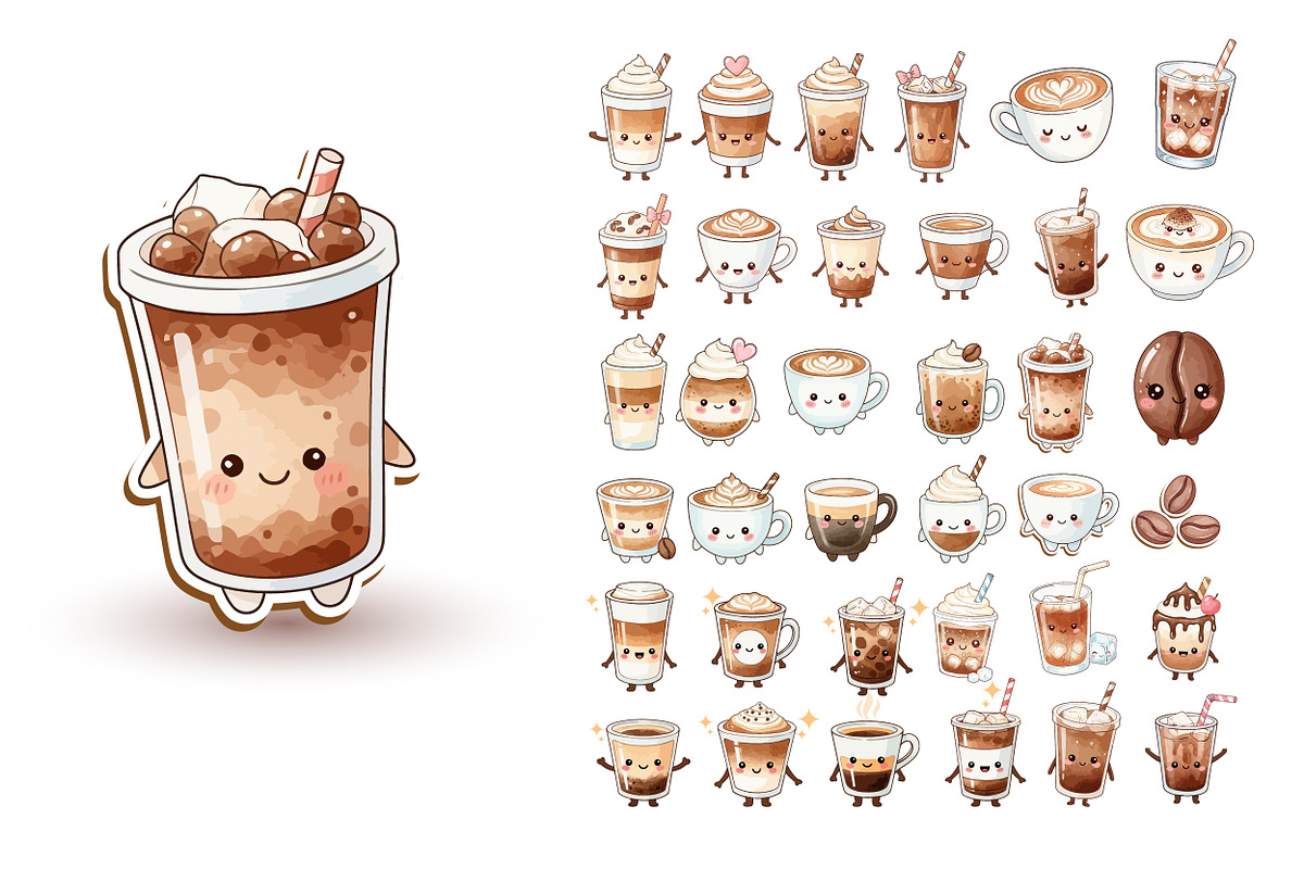 Kawaii Coffee Characters Sets, a Food Illustration by OtpirusGraphic (Photo 2 of 3)