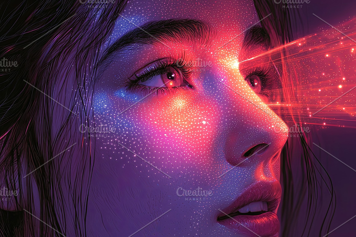 Surreal depiction of starlit features illuminated with digital holographic ligh, an Illustration by AS photostudio