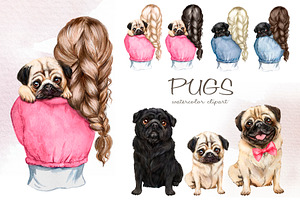 Pugs dogs watercolor clipart.