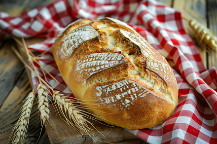 Freshly baked bread with red napkin on wooden table, a Food & Drink Photo by AlyaAnd