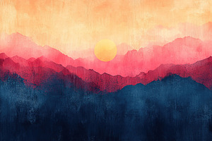 Vibrant sunset over layered mountains with warm and cool color contrasts, a Photo by AlyaAnd