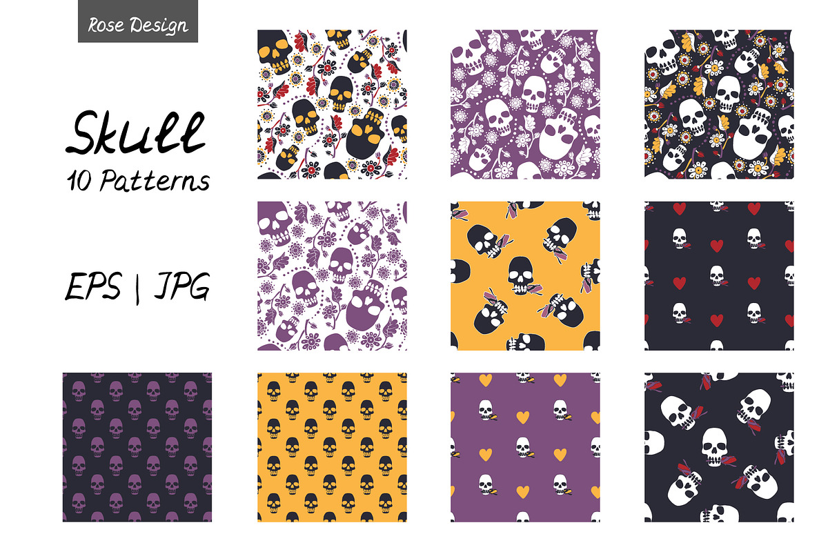 Vintage Doodle Skulls Digital Papers, a Pattern Graphic by Rose Design (Photo 2 of 7)