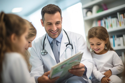 Happy paediatrician playing and reading with kids, volunteer work