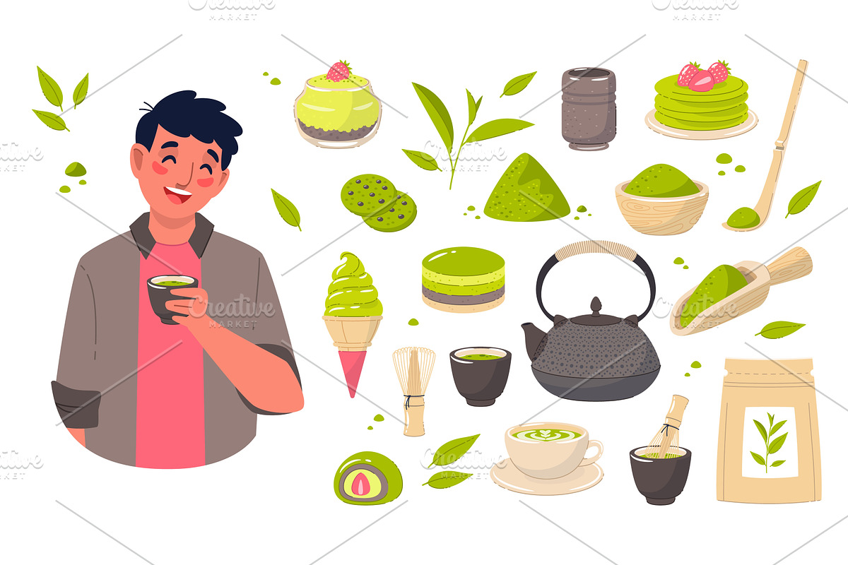 Matcha tea products. Leaves and, a Food Illustration by YummyBuum