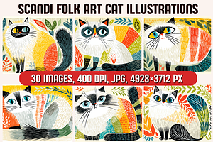 Scandi Folk Art Cat Illustrations, an Animal Illustration by PrintHaven Designs