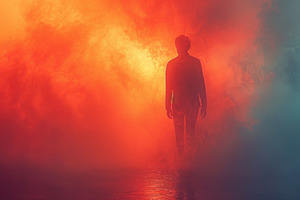 Solitary Human Silhouette Walking Through Red and Blue Smoke, a Background Photo by José Manuel Gelpi