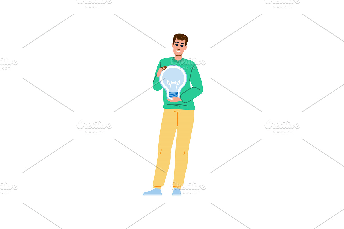 Young man holding a big light bulb, an Education Illustration by pikepicture