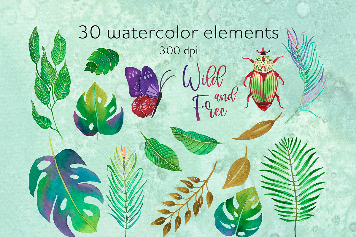 Green and gold leaves clipart, a Decorative Illustration by AnastasiaWatercolor (Photo 2 of 6)