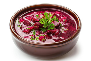 Bowl of beet root soup borsch on white background, a Food & Drink Photo by AlyaAnd