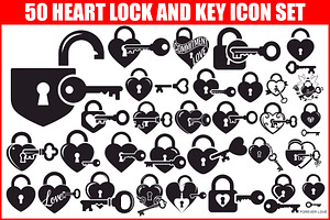 Heart Lock and Key Silhouette Icons, an Illustration by Designer_Momina