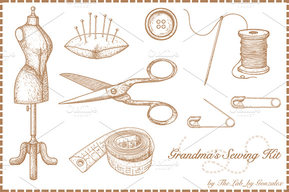 Grandmas Sewing Kit Hand Drawn Icon
