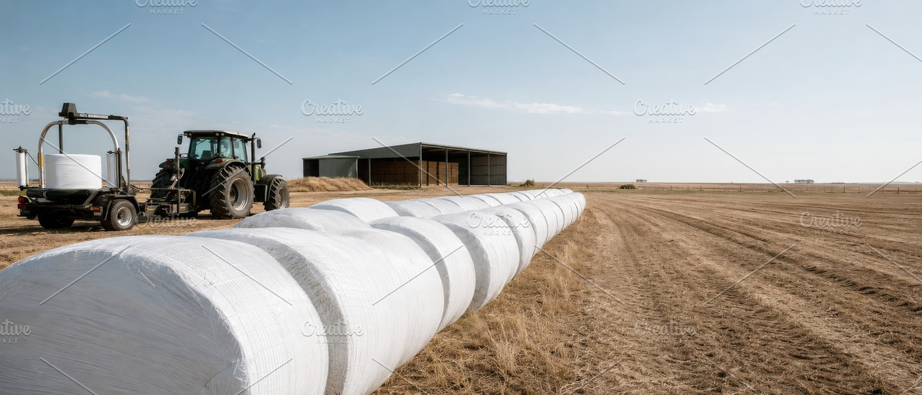 Hay rolls and tractor in sunny rural, a Photo by Dvoevnore photos