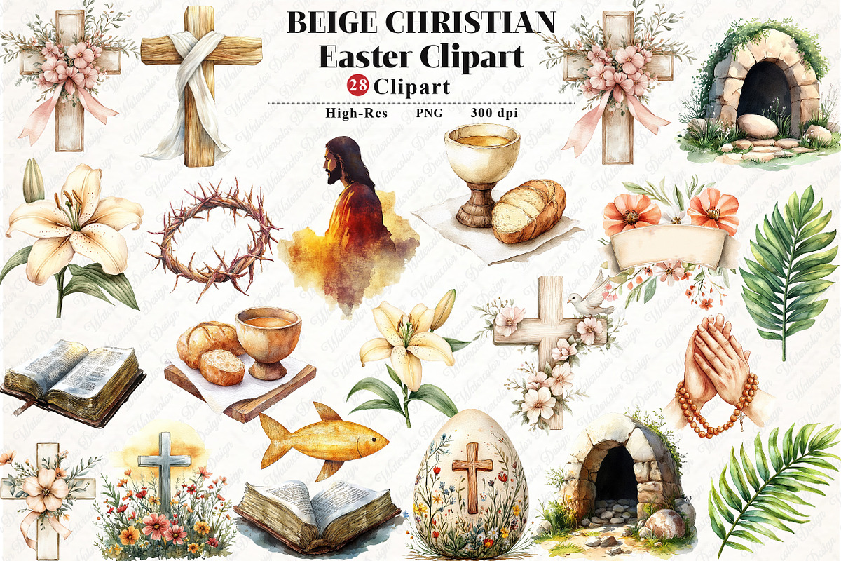 Beige Christian Easter Clipart, an Illustration by Watercolor design (Photo 1 of 13)