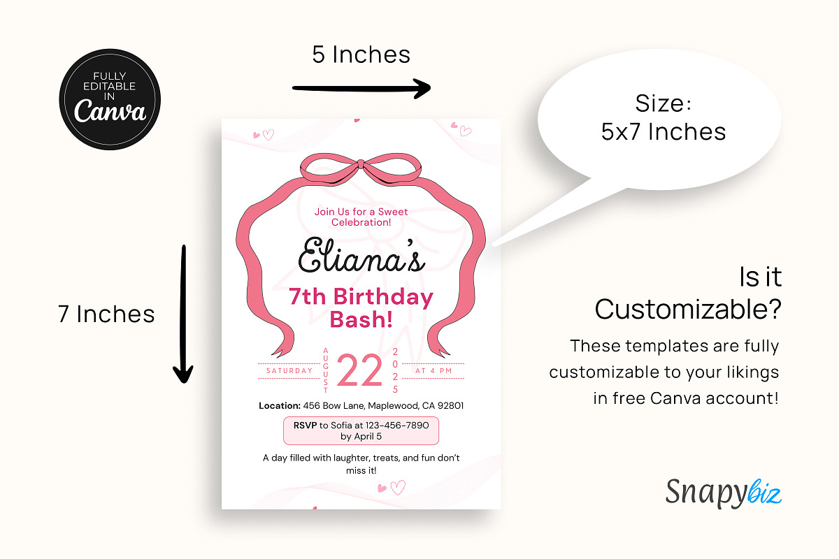 Pink Bow Birthday Invitation Temp, an Invitation Template by Snapybiz (Photo 3 of 10)