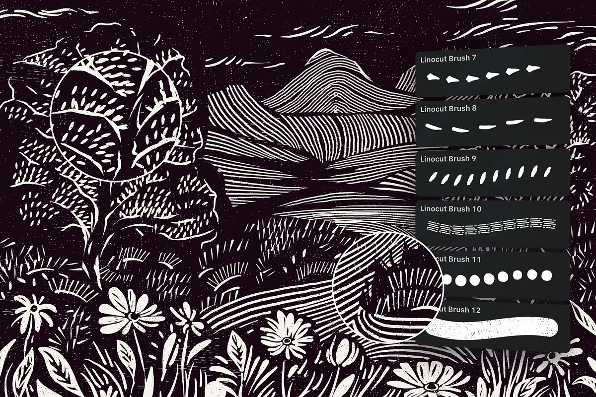 Linocut Illustrator Brushes, a Brush Add-On by brushapes.com (Photo 2 of 6)