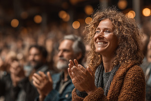 Joyful audience applauding during an event or performance celebration inside ve, a Business Photo by AS photostudio