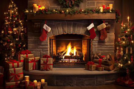 Christmas fireplace with presents an, a Photo by Iftikhar Alam
