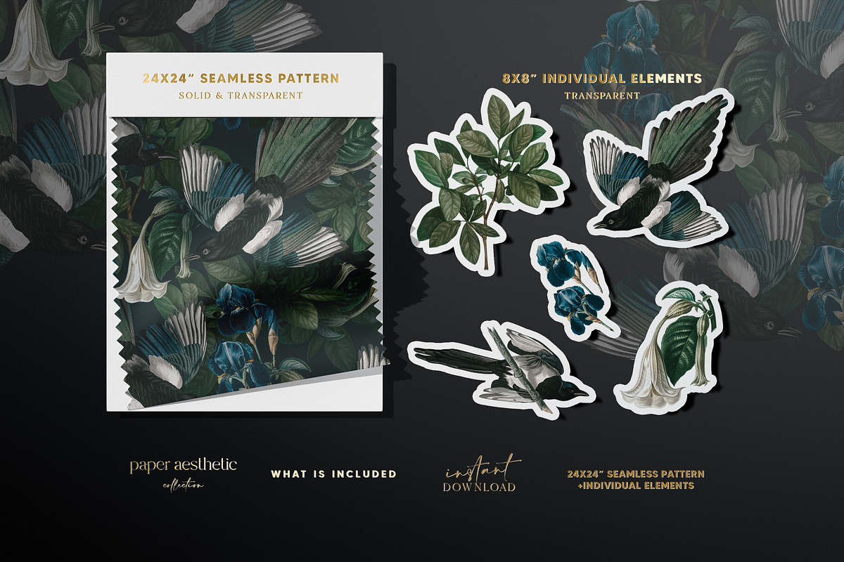 Magpie Birds Floral Pattern, a Pattern Graphic by paper aesthetic (Photo 4 of 9)