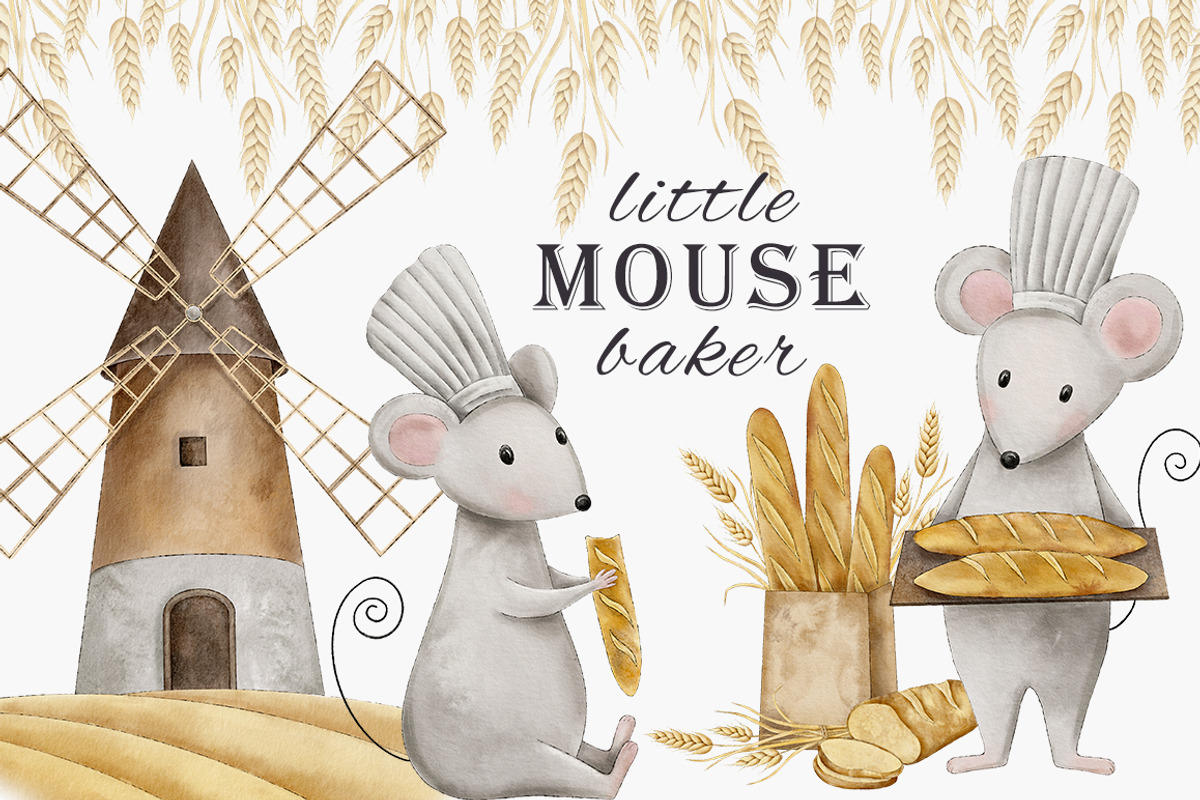 Watercolor Mouse Chef bakery clipart, a Food Illustration by Daryartsy (Photo 1 of 10)