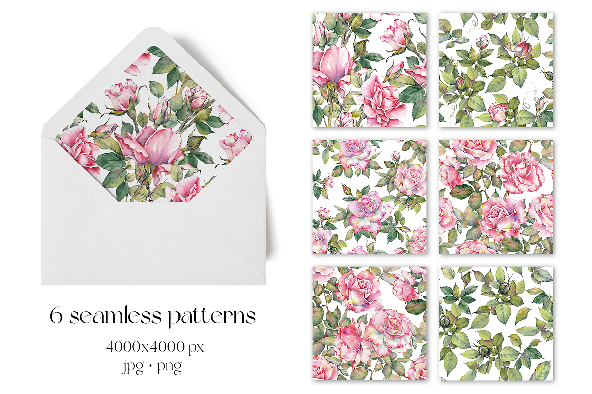 Watercolor Garden Rose Patterns, a Pattern Graphic by Jeanna Draw (Photo 2 of 12)